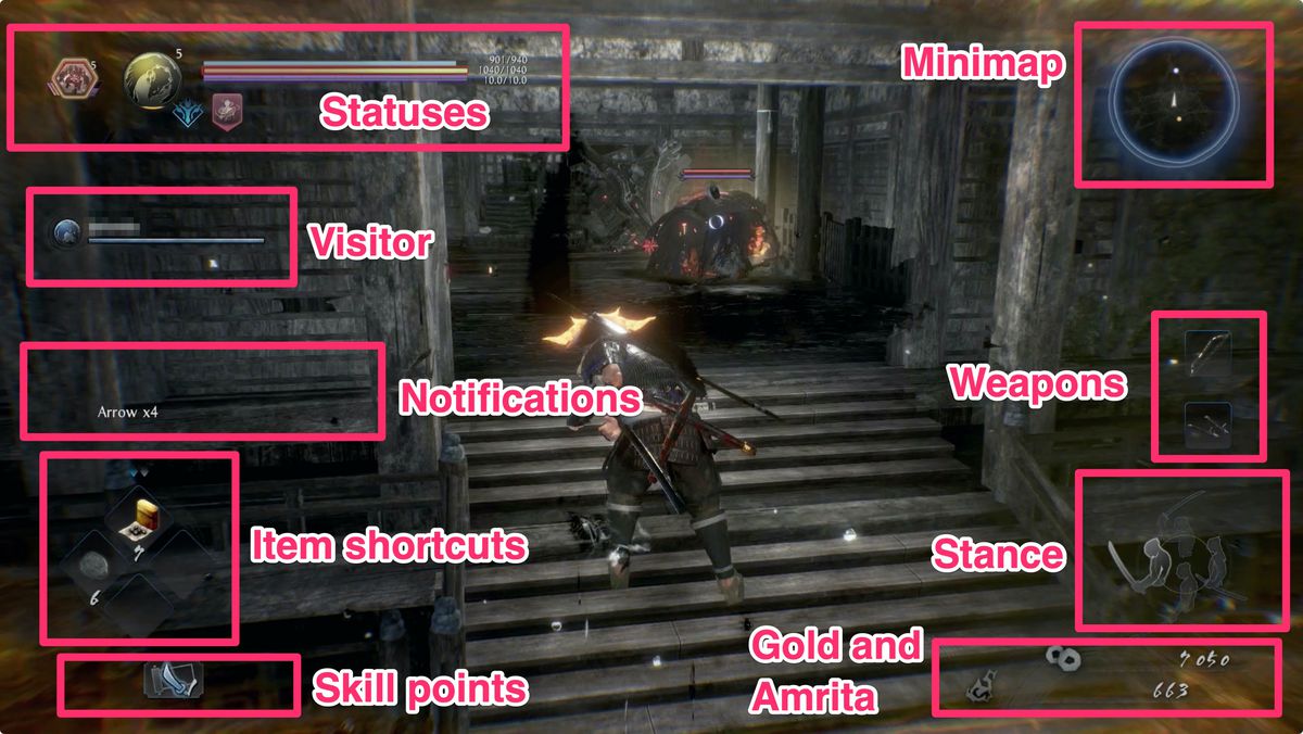 Nioh 2 HUD with areas labelled