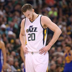Utah Jazz forward Gordon Hayward (20) hangs his head during the second round of the NBA playoffs and game 3 in Salt Lake City on Saturday, May 6, 2017. The Warriors won, 102-91.