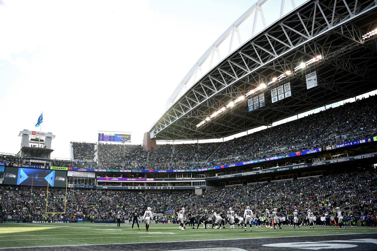 A general view during the game between the Las Vegas Raiders and the Seattle Seahawks at Lumen Field on November 27, 2022 in Seattle, Washington.