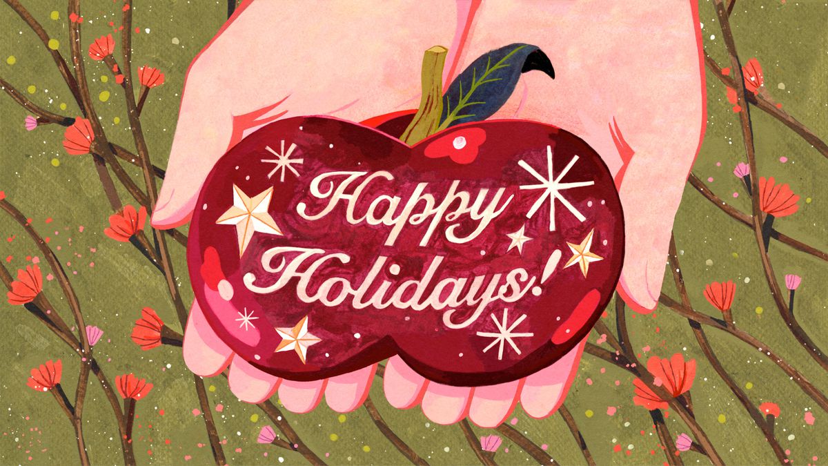 Illustration of two hands holding out a red apple with “Happy Holidays!” written on it.