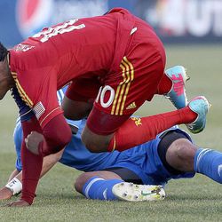 RSL's Robbie Findley cries in pain after a collision with San Jose's Jason Hernandez in an MLS game between Real Salt Lake and San Jose at Rio Tinto Stadium in Sandy on Saturday, June 1, 2013. RSL beat the Earthquakes 3-0.