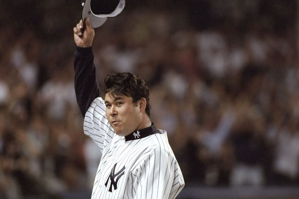 Hideki Irabu salutes his fans at his debut as a New York Yan
