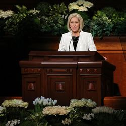 Sister Joy D. Jones, general president of the Primary of The Church of Jesus Christ of Latter-day Saints, speaks in the Conference Center in Salt Lake City during the morning session of the LDS Church’s 187th Annual General Conference on Sunday, April 2, 2017.