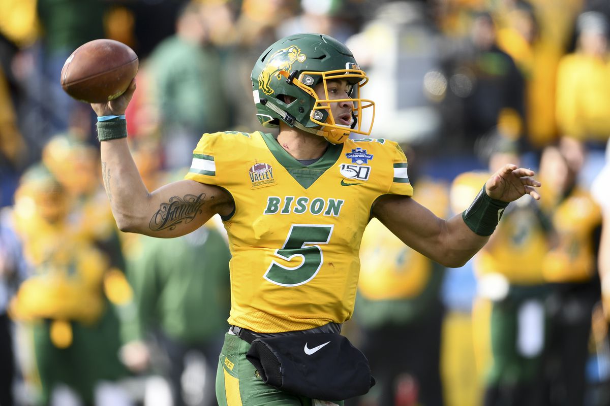 Trey Lance #5 of the North Dakota State Bison looks to pass the ball against the James Madison Dukes during the Division I FCS Football Championship held at Toyota Stadium on January 11, 2020 in Frisco, Texas. North Dakota State defeated James Madison 28-20 to win the national title.