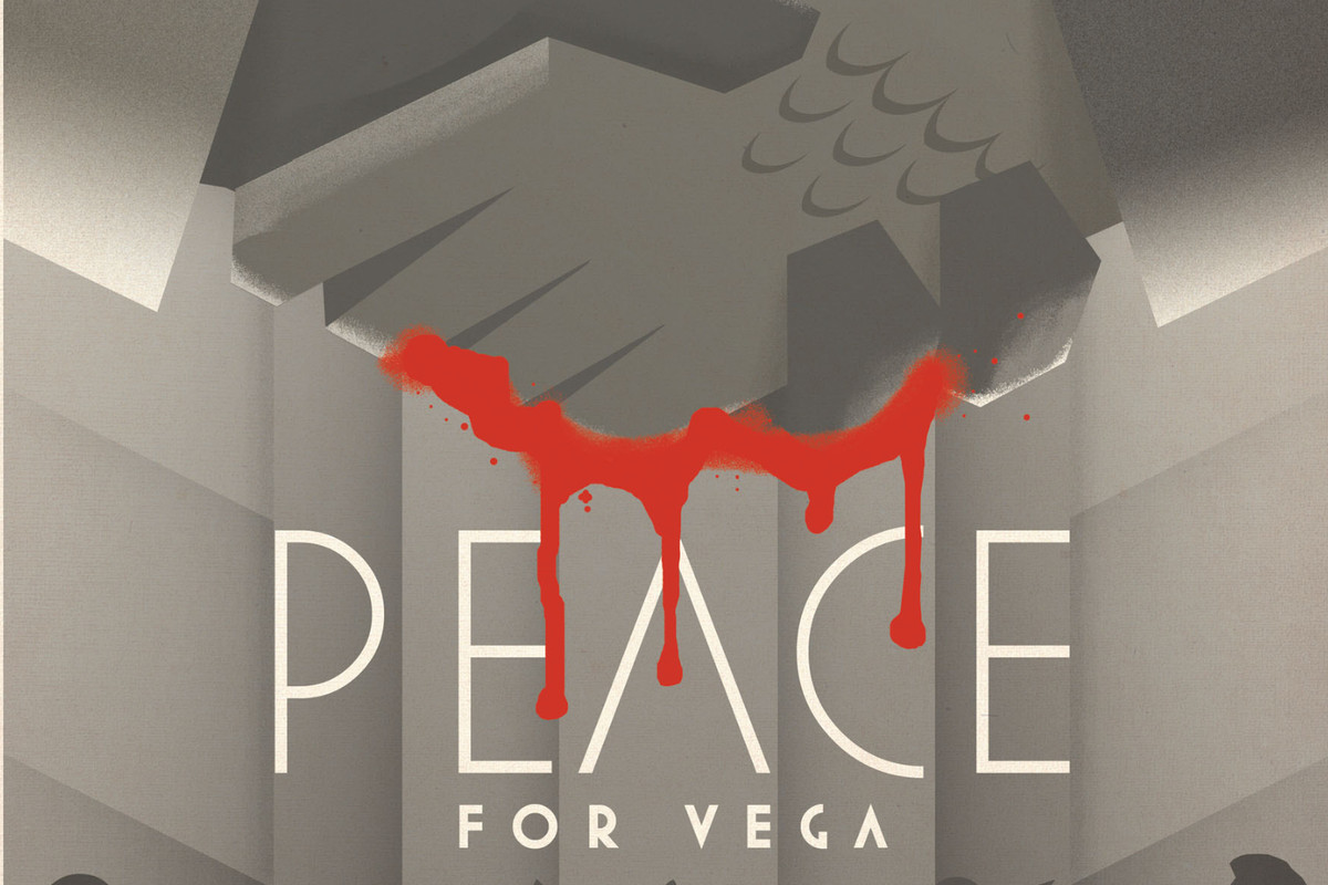 The cover of The Omega Men #9. A graphic poster of two hands linked over the phrase “Peace for Vega.” It has been vandalized so that blood appears to be dripping from the hands.