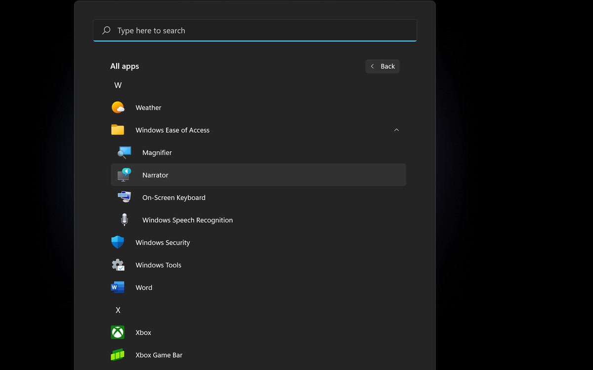 A screenshot of the All Apps interface open in Windows 11 with Narrator selected.