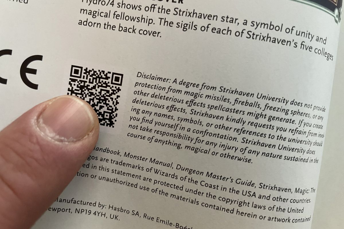 A QR code located inside Strixhaven: Curriculum of Chaos.