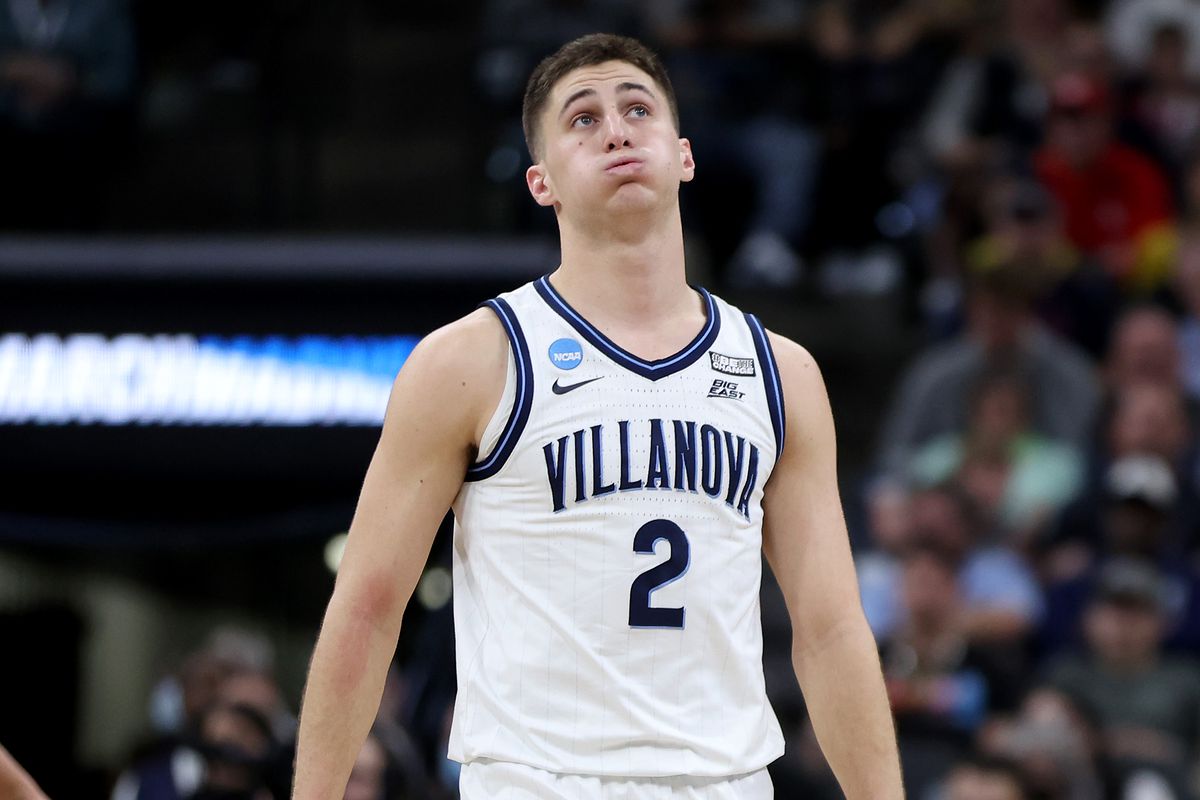 Collin Gillespie of the Villanova Wildcats reacts during the second half in the NCAA Men’s Basketball Tournament Sweet 16 Round game against the Michigan Wolverines at AT&amp;T Center on March 24, 2022 in San Antonio, Texas.