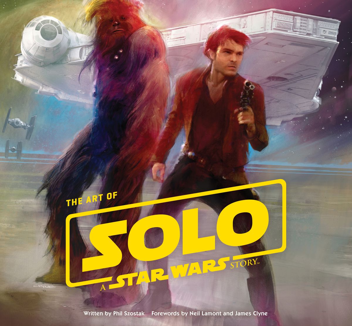 The cover of The Art of Solo: A Star Wars Story includes a portrait study of Han and Chewbacca.