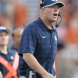 BYU head coach Bronco Mendenhall calls out to a referee as BYU and Texas play Saturday, Sept. 6, 2014, in Austin, Texas.