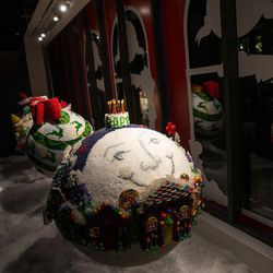 Candy ornaments are displayed during an unveiling celebration for the Macy's holiday candy windows at the City Creek Center in Salt Lake City on Thursday, Nov. 17, 2016.