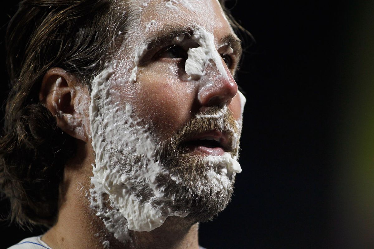 A shaving cream pie tries to horn in on the Dickeyface meme. (Photo by Mike Stobe/Getty Images)