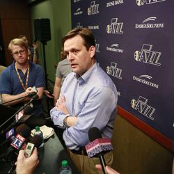 Jazz General Manager Dennis Lindsey speaks with media in the Energy Solutions Arena Monday, April 21, 2014 in Salt Lake City. 