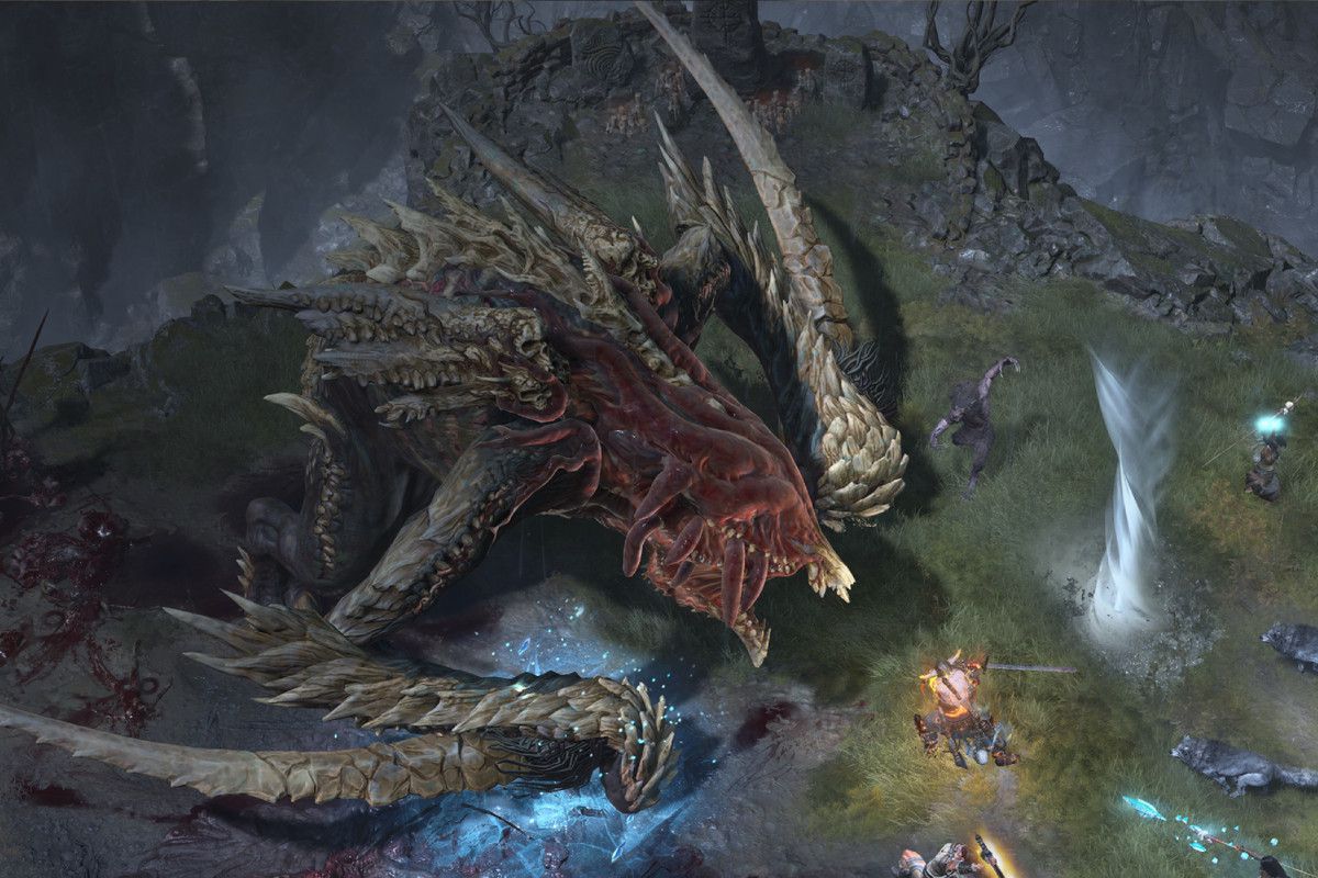 A Barbarian character faces off against a towering dragon boss in Diablo 4