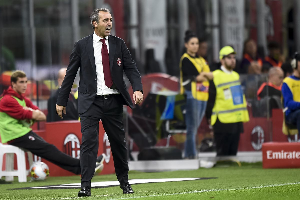 Marco Giampaolo, head coach of AC Milan, reacts during the...