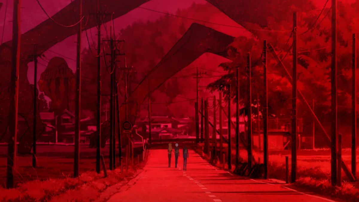 Asuka, Rei, and Shinji walking down an apocalyptical red-colored landscape 