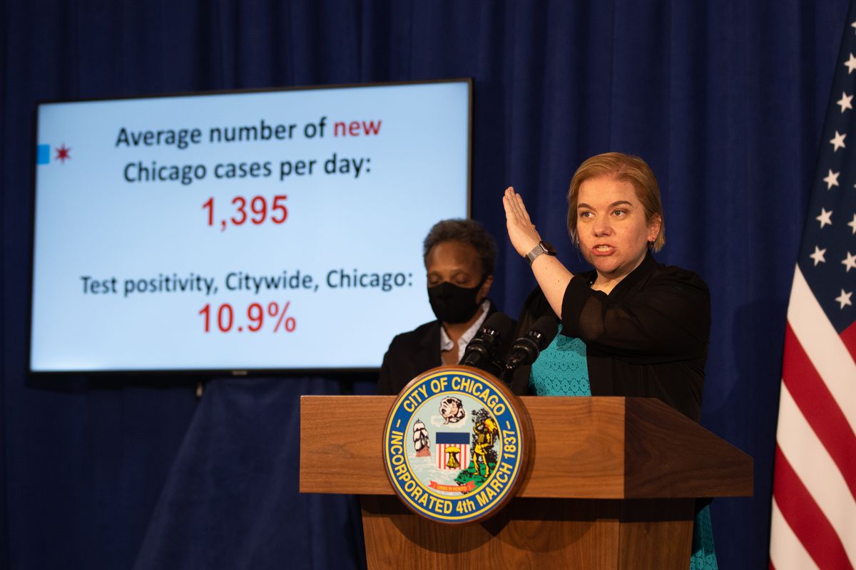 Chicago Department of Public Health Commissioner Allison Arwady discusses the rise in COVID-19 cases in Chicago at a City Hall news conference Thursday afternoon, Nov. 5, 2020. 