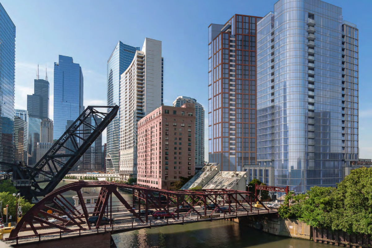 A rendering shows a residential high-rise tower (right) proposed to be built at 527 W. Kinzie St. To its left is another building proposed for 344 N. Canal St.