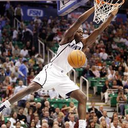 Jazz guard Ronnie Brewer slams on the Blazers in NBA action in Salt Lake City, Utah, Thursday, Oct. 15, 2009.  