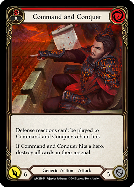 Command and Conquer is a generic action card. The art shows a ruler sitting along the battlements, pointing into the distance with a mailed fist.