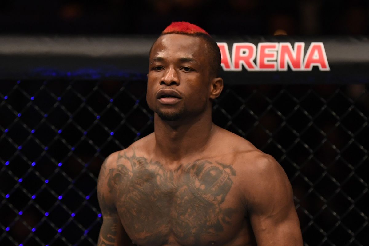 Marc Diakiese of England stands in his corner between rounds of his lightweight bout against Joe Duffy during the UFC Fight Night event at The O2 Arena on March 16, 2019 in London, England.