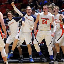 Timpview reacts to winning the 4A high school basketball semifinal game against Highland at the Huntsman Center in Salt Lake City on Friday, March 4, 2016. Timpview won 59-49.
