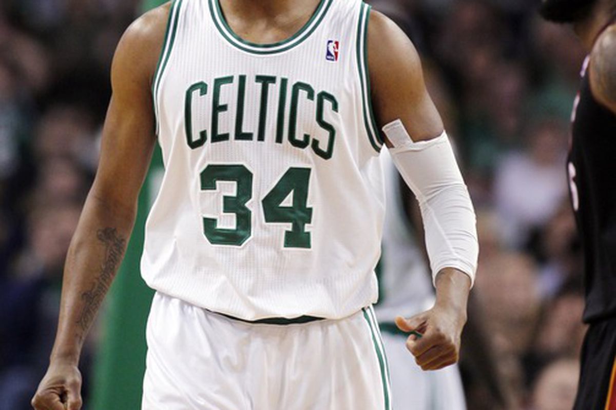 April 1, 2012; Boston, MA, USA; Boston Celtics small forward Paul Pierce (34) reacts during the third quarter against the Miami Heat at TD Banknorth Garden.  Boston won 91-72.   Mandatory Credit: Greg M. Cooper-US PRESSWIRE