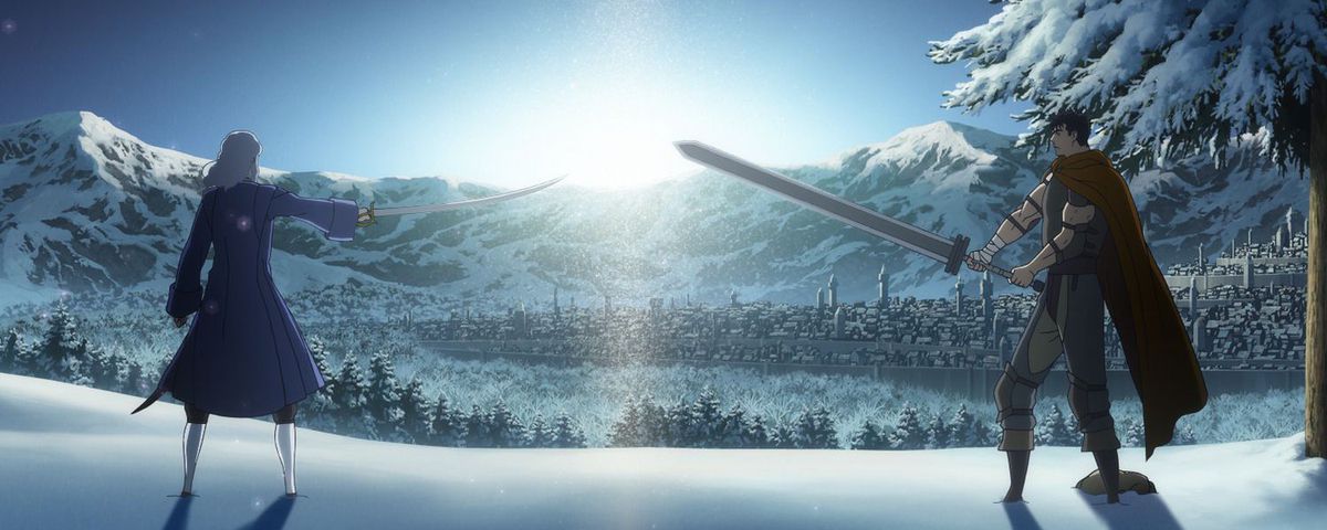 (L-R) a white-haired anime character (Griffith) stands opposite of a black-haired anime character (Guts) on a snowy hill with their sword drawn in Berserk: The Golden Age Arc.