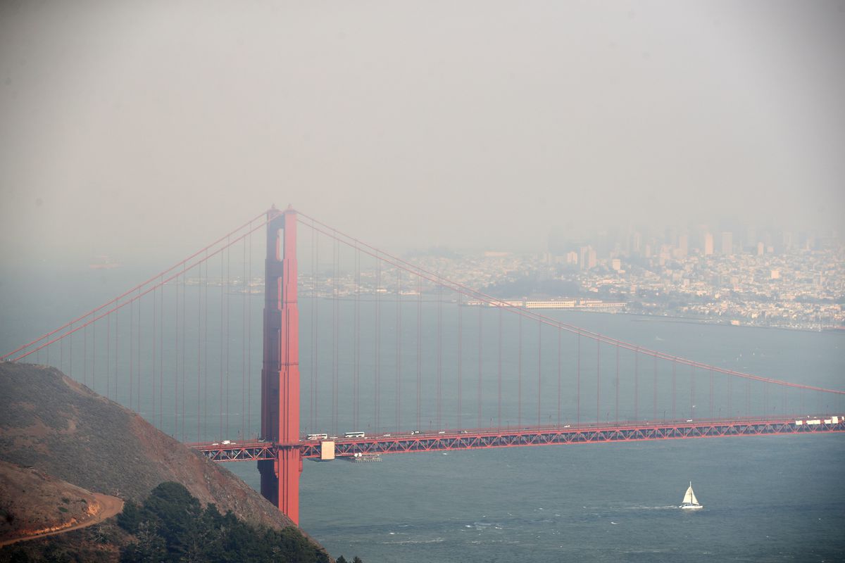 Heavy smoke from nearby wild fires covers the Golden Gate Bridge and San Francisco on August 20, 2020 as seen from the Marin Headlands in Sausalito, California.