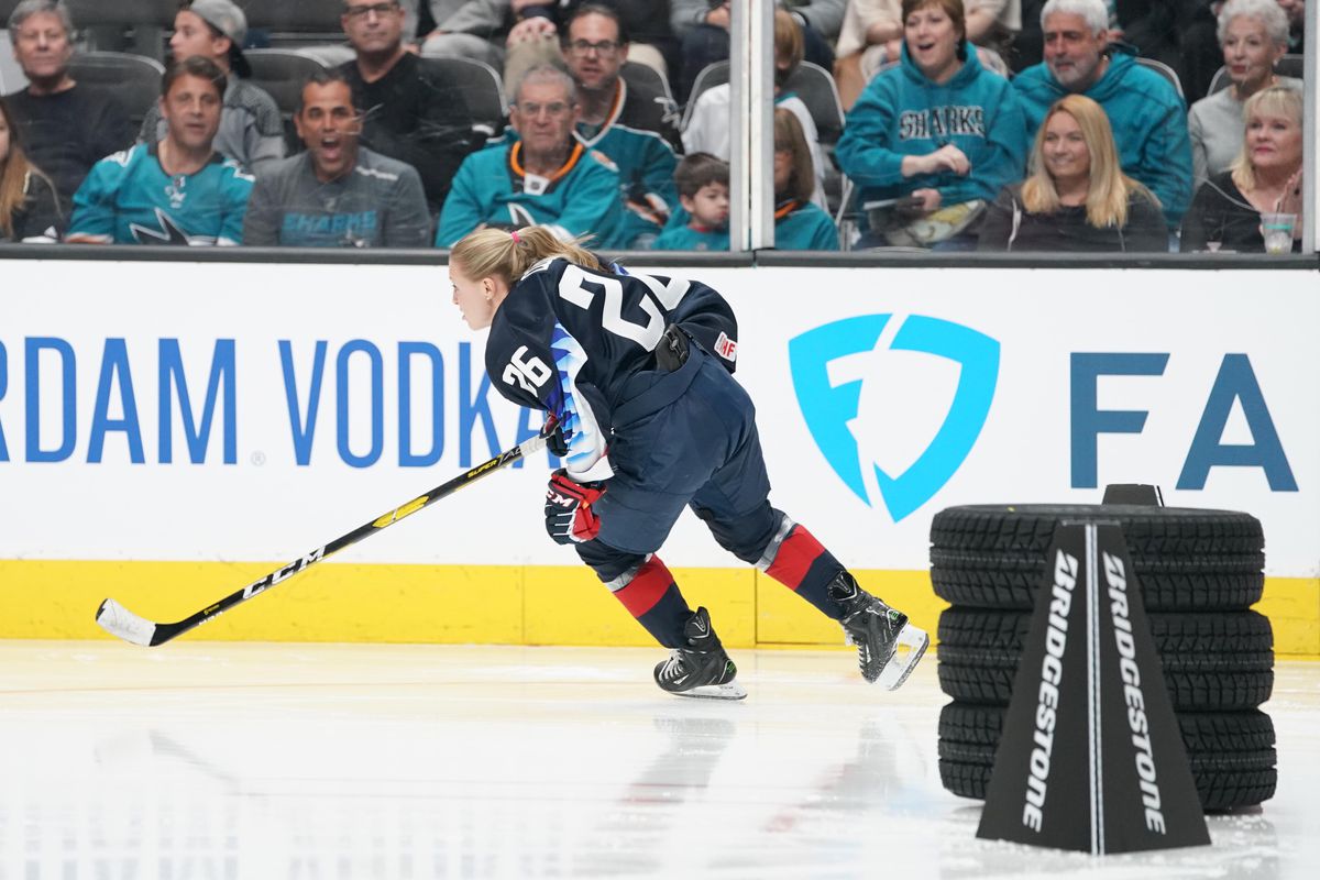 Jan 25, 2019; San Jose, CA, USA; USA women’s ice hockey player Kendall Coyne-Schofield in the fastest skater competition in the 2019 NHL All Star Game skills competition at SAP Center. Mandatory Credit: Kyle Terada
