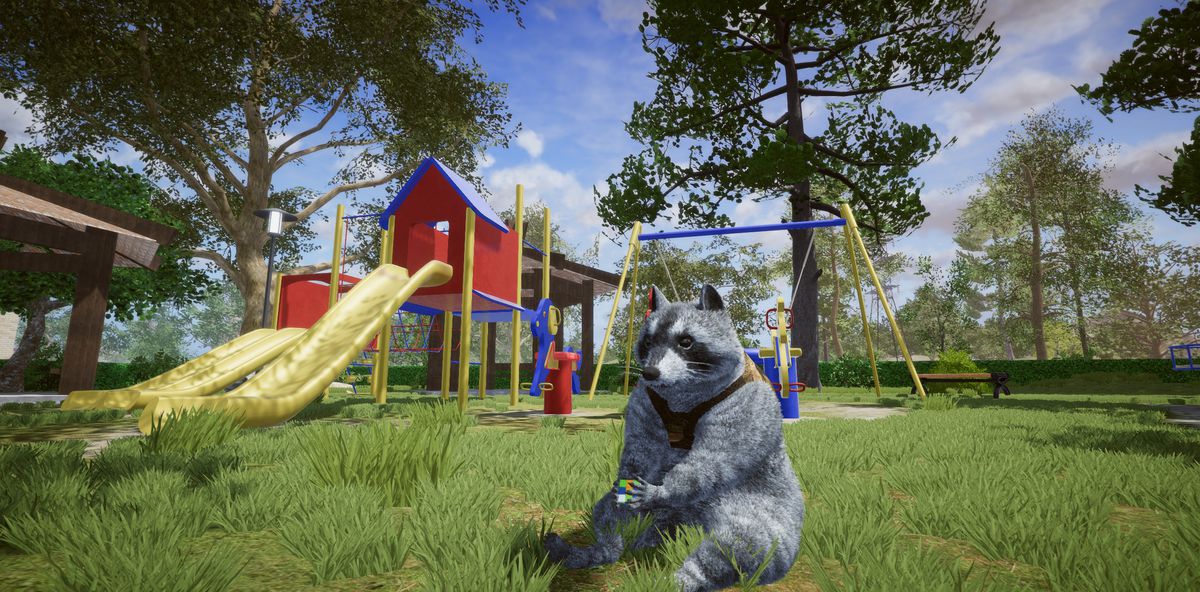 A raccoon hangs out in a playground, solving a Rubik’s Cube