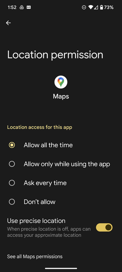 Location permission page with Maps under the title and four listed permission types under that.