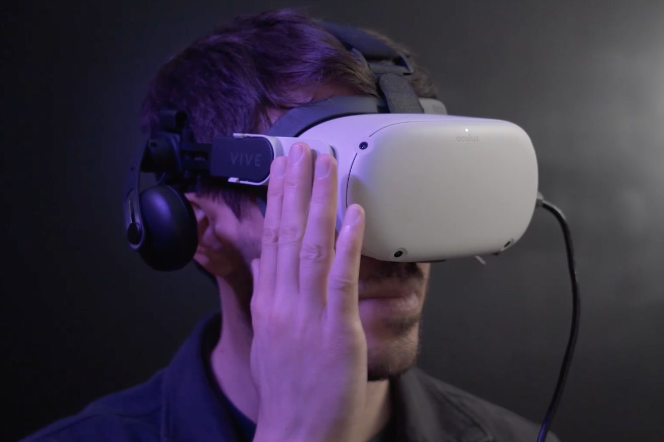 Tapping on the side of the Meta Quest 2 virtual reality headset to turn on passthrough mode.
