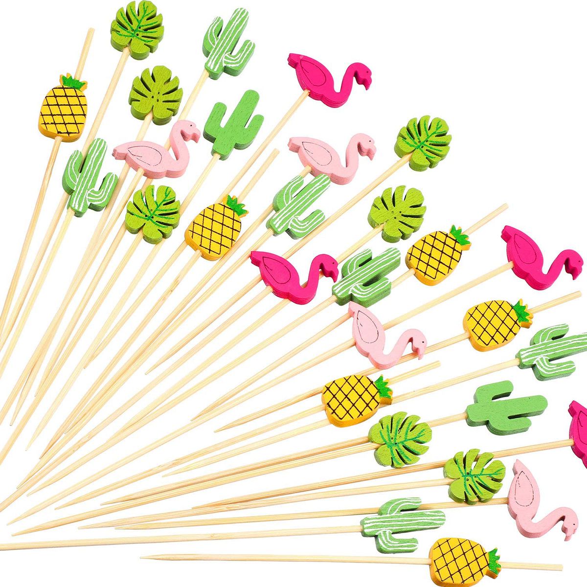 cocktail picks with flamingoes, pineapples, and cacti