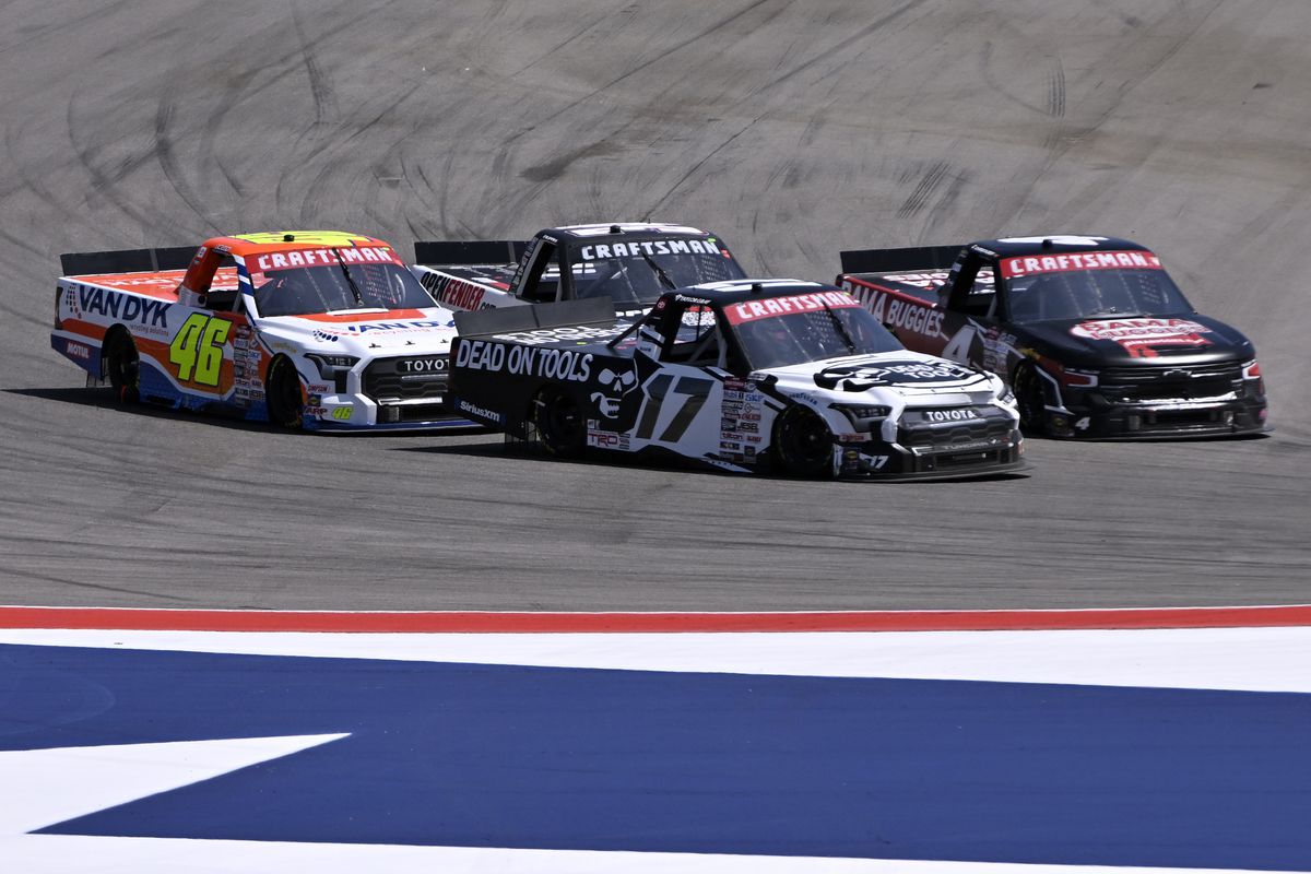 Chase Purdy, driver of the #4 Bama Buggies Chevrolet, Taylor Gray, driver of the #17 Dead On Tools Toyota, and Dale Quarterley, driver of the #46 Van Dyk Recycling/Motul Toyota, race during the NASCAR Craftsman Truck Series XPEL 225 at Circuit of The Americas on March 25, 2023 in Austin, Texas.