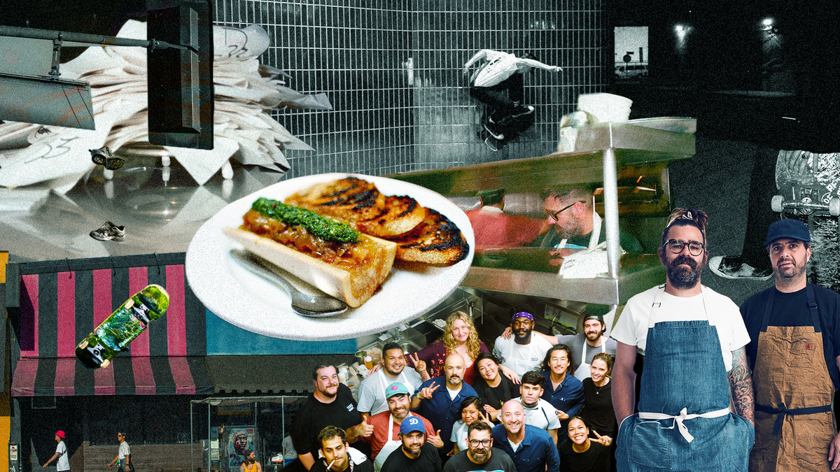 Collage of cooks and chefs from Animal restaurant with a photo of bone marrow and toast in the center. Images of skateboarding on the edges. 