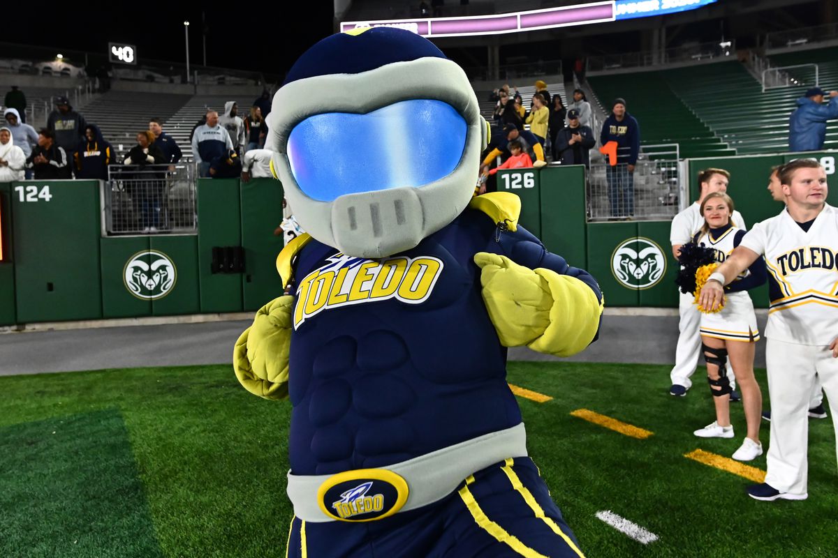 Toledo Rockets mascot Rocky the Rocket celebrates the win over the Colorado State Rams at Sonny Lubrick Field at Canvas Stadium.