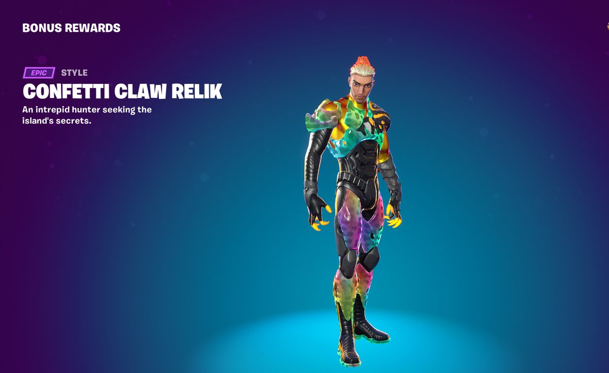 Relik from Fortnite in a rainbow-ish leopard print outfit, with black shiny accents