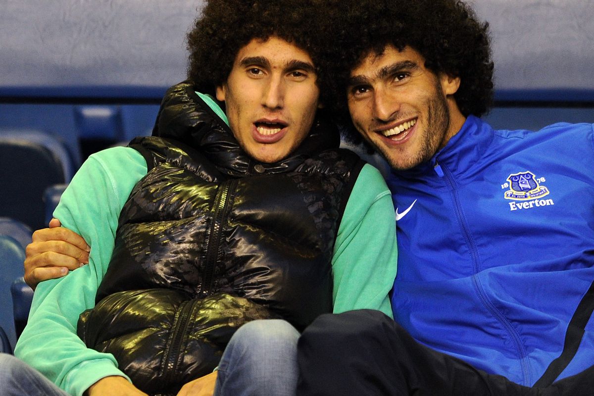 You can bet Sir Alex Ferguson thought he was seeing double when he saw this pic.. Marouane Fellaini (R) of Everton with his brother.  (Photo by Chris Brunskill/Getty Images)