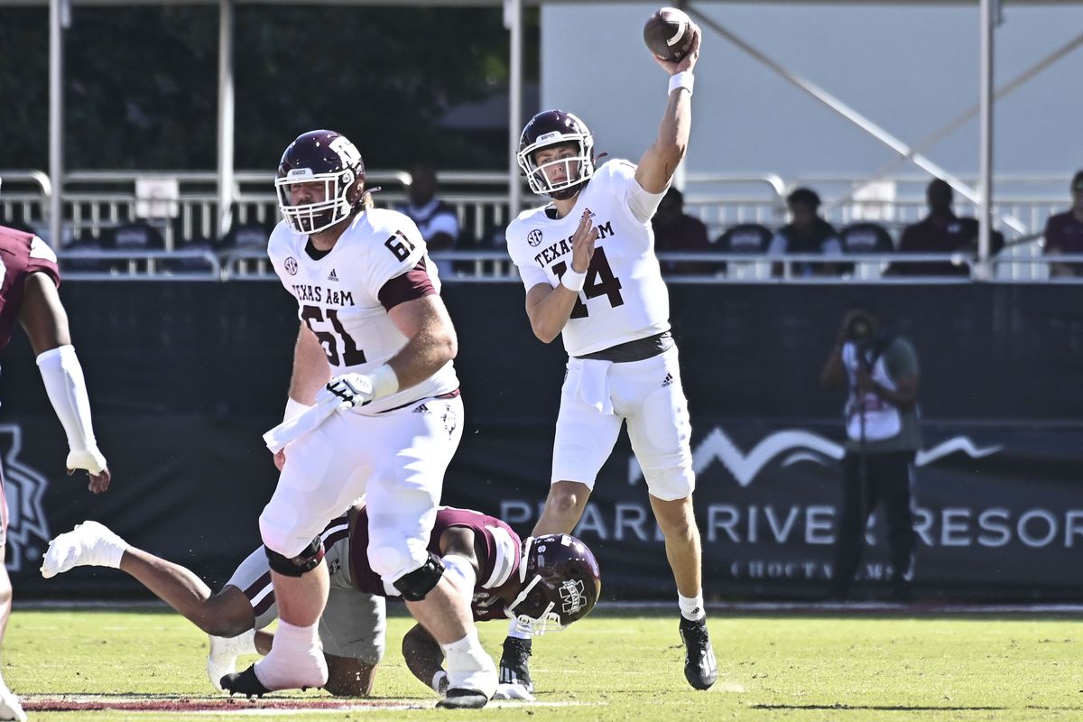 Texas A&amp;M Aggies quarterback Max Johnson makes a pass against the Mississippi State Bulldogs during the first quarter at Davis Wade Stadium at Scott Field.