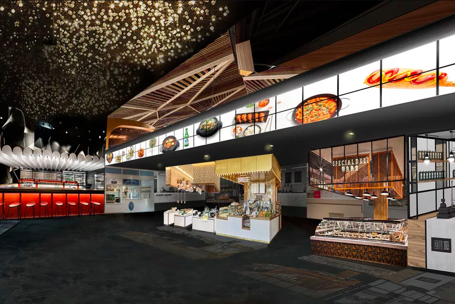 A rendering of a food hall with overhead lighting and illuminated signage