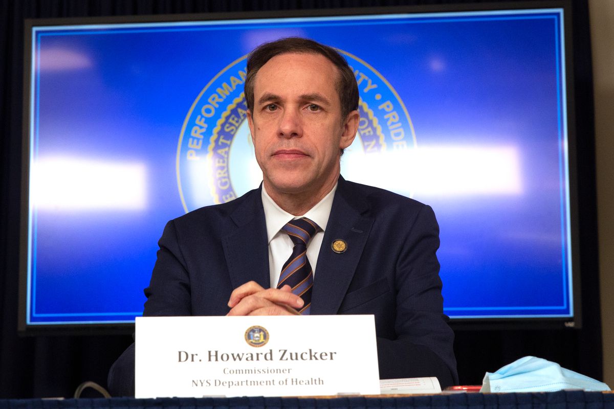 State Health Commissioner Dr. Howard A. Zucker takes part in a coronavirus press conference with Gov. Andrew Cuomo in Manhattan, July 1, 2020.
