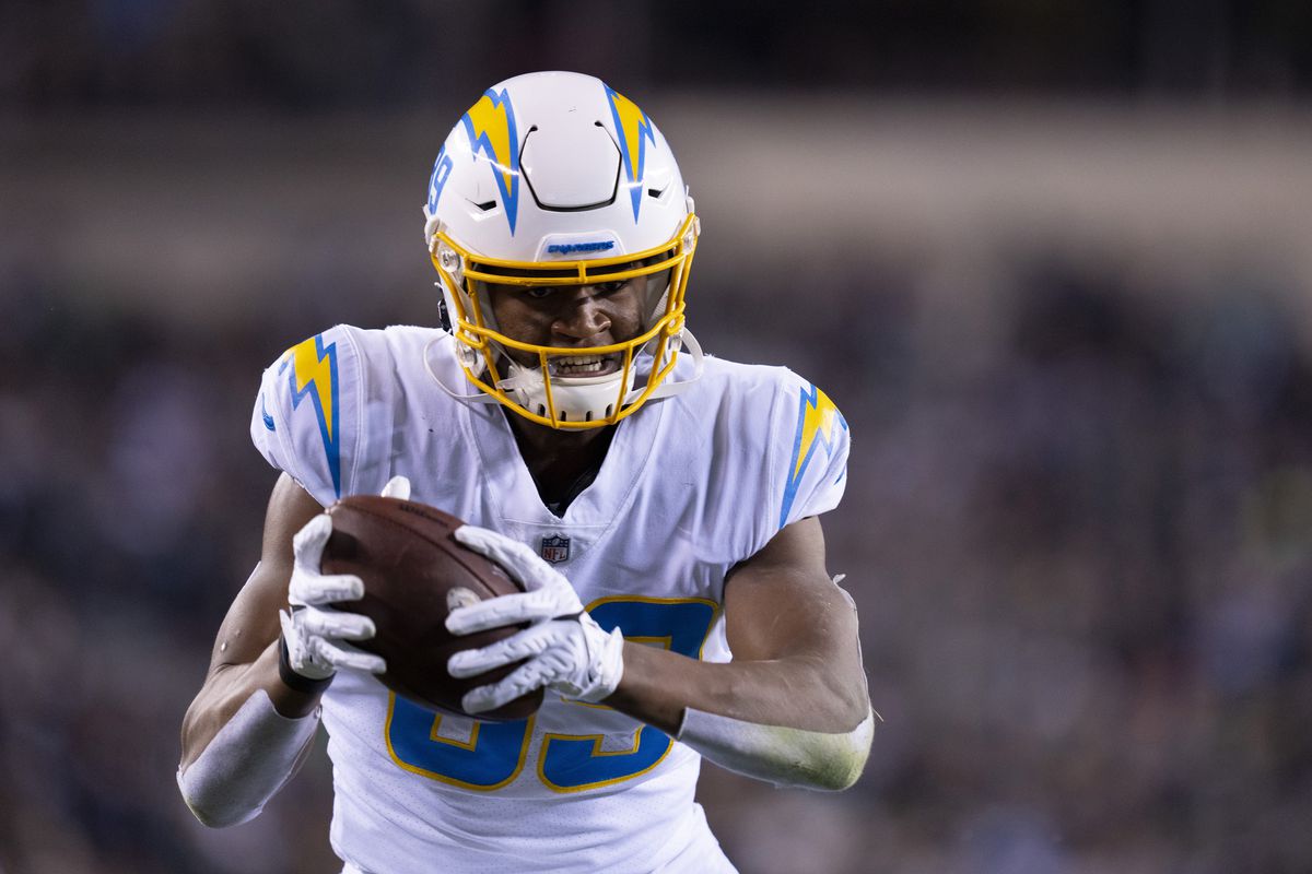 Donald Parham Jr. #89 of the Los Angeles Chargers runs with the ball against the Philadelphia Eagles at Lincoln Financial Field on November 7, 2021 in Philadelphia, Pennsylvania.