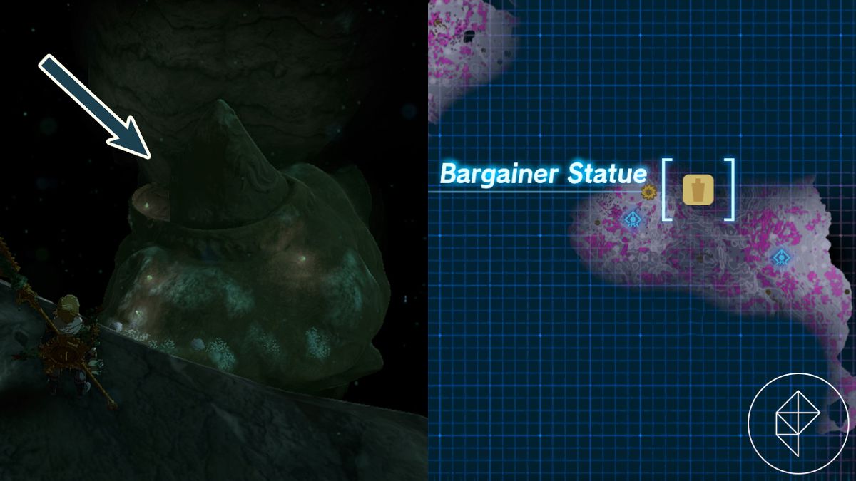 The head of a bargainer statue from behind, as seen from a cliff top in Tears of the Kingdom.