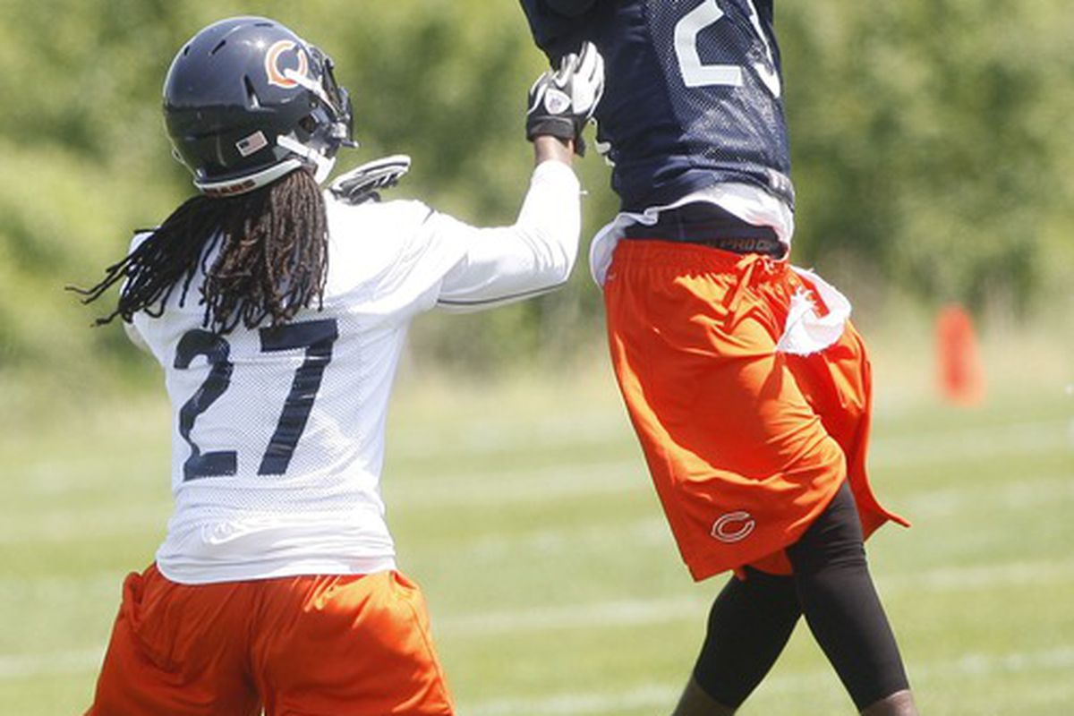 May 23, 2012; Lake Forest, IL, USA; Chicago Bears receiver Devin Hester (23) reaches for a pass as he is defended by cornerback Jonathan Wilhite during organized team activities at Halas Hall.  Mandatory Credit: Jerry Lai-US PRESSWIRE
