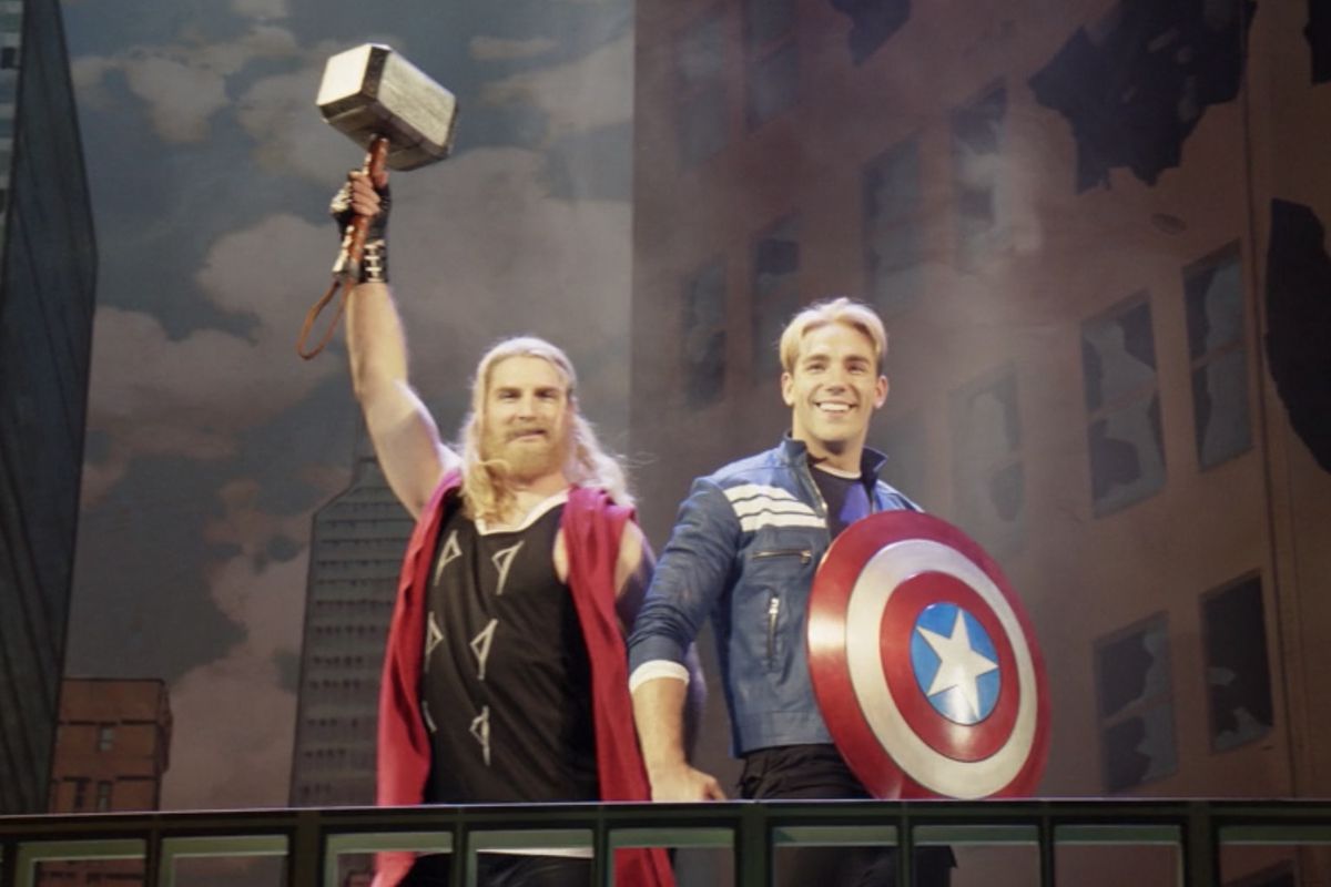 Captain America and Thor pose during Rogers: The Musical in an episode of the MCU series Hawkeye