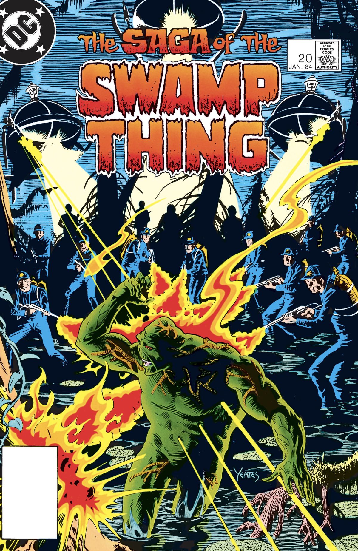 Swamp Thing flees uniformed men with flamethrowers and helicopters on the cover of The Saga of Swamp Thing #20, Alan Moore’s first issue. DC Comics (1984). 