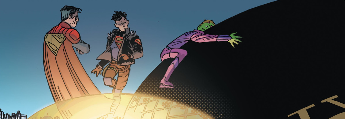 Conner Kent and Jon Kent show Braniac 5 the globe on top of the Daily Planet building. He hugs it with his entire body, in Action Comics #1024, DC Comics (2020). 