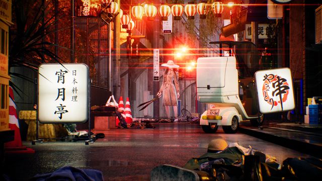 A monster woman carrying a large pair of scissors lives in a rainy Tokyo alley in Ghostwire: Tokyo