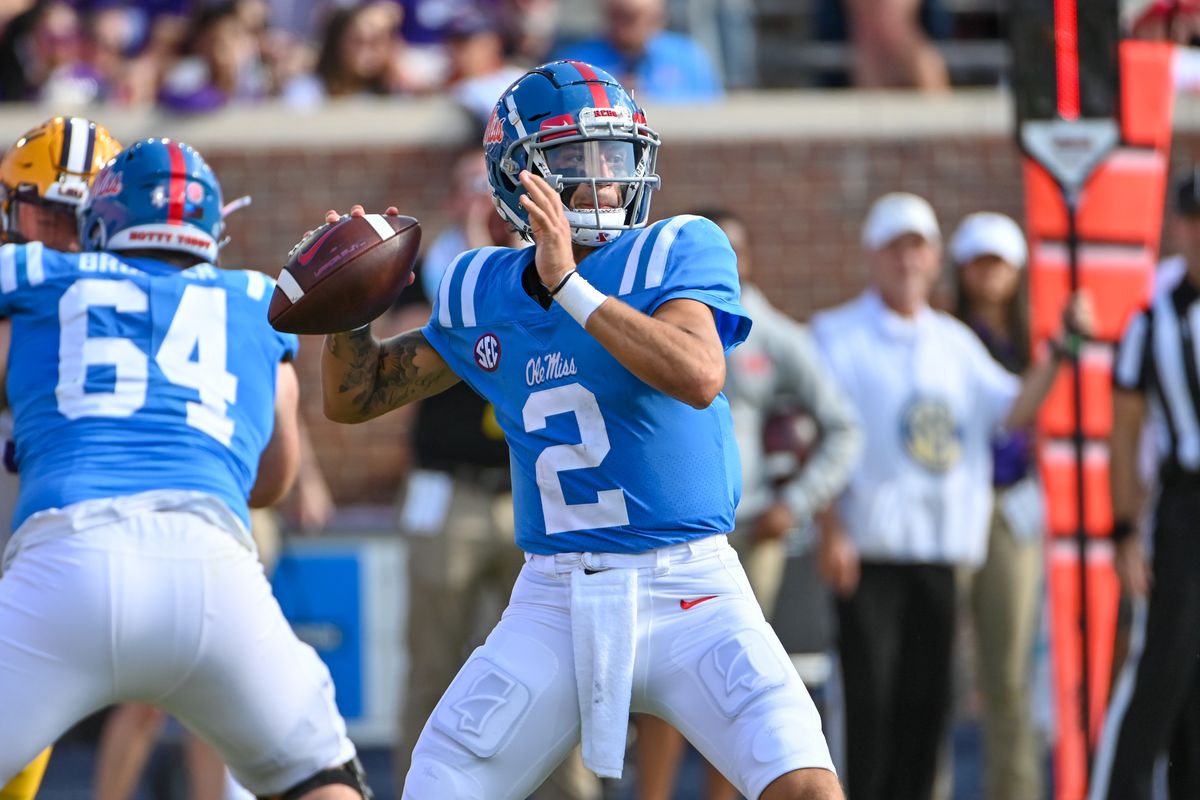 Ole’ Miss quarterback Matt Corral in action during the college football game between the LSU Tigers and the Ole’ Miss Rebels on October 23, 2021, at Vaught-Hemingway Stadium in Oxford, MS.
